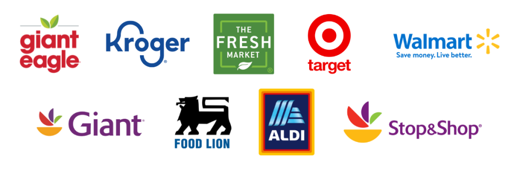 Logos of our favorite grocery anchors: Giant Eagle, Giant, Stop and Shop, Target, Walmart, The Fresh Market, Aldi, Food Lion, Kroger