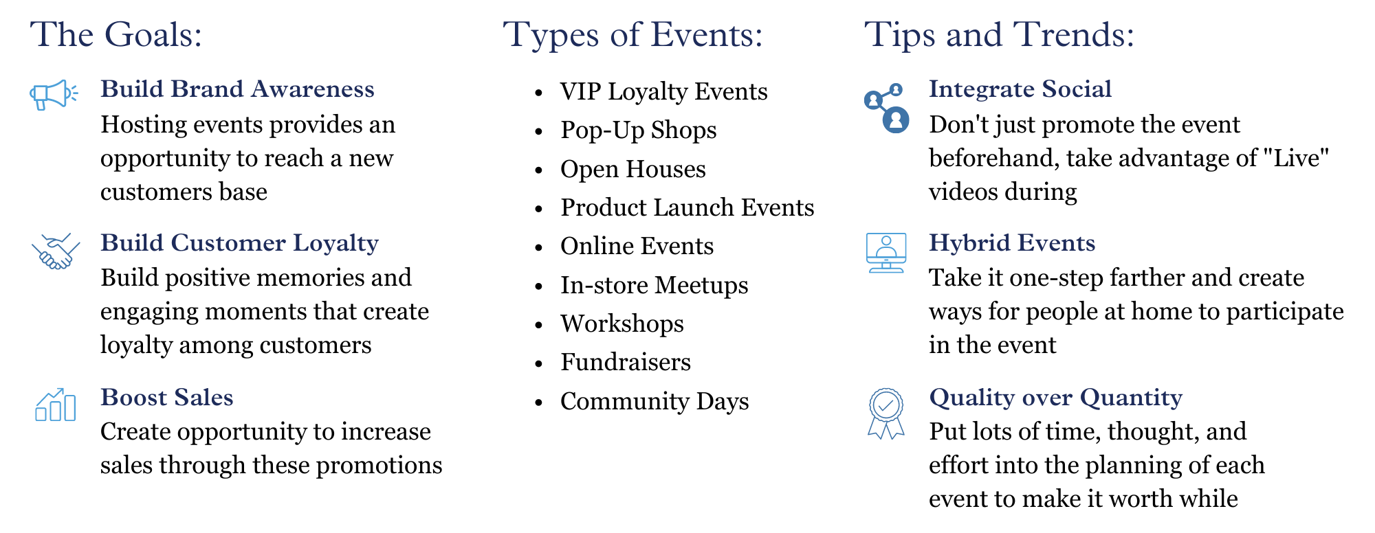 A quick look at the goals, types of events, and tips for event marketing.