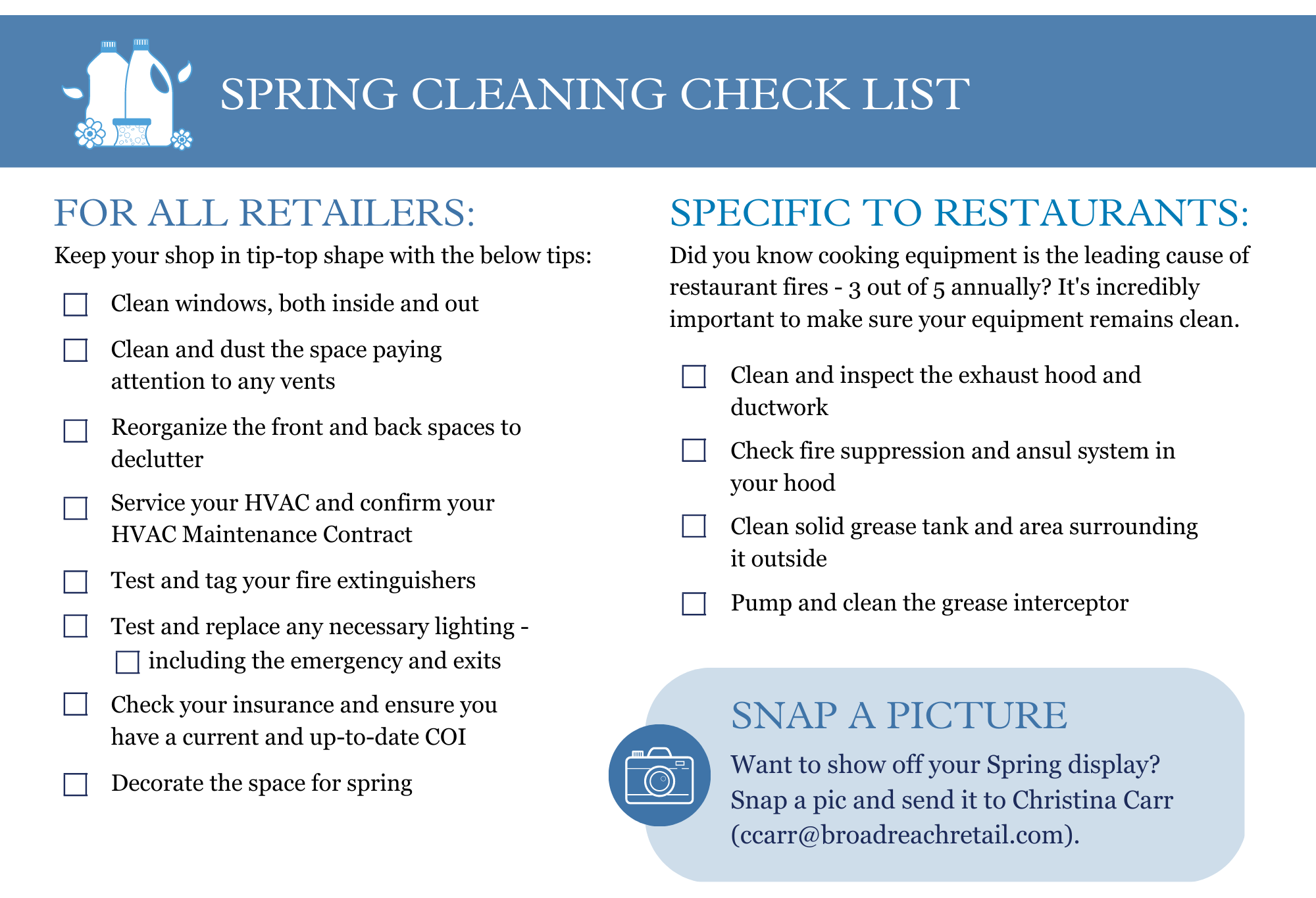 Checklist of items to help keep the store in tip top shape.